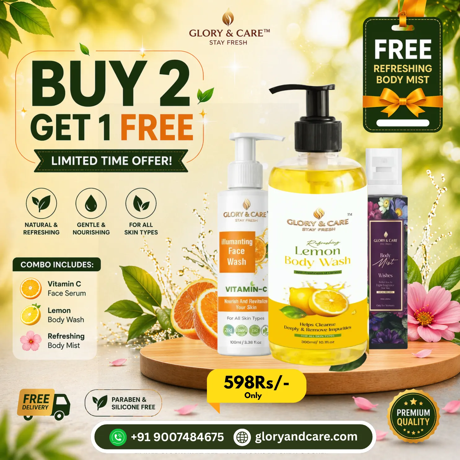 Glory & Care Vitamin C Face Wash + Lemon Body Wash Combo (Buy 2 Get 1 Free – Includes Free Body Mist)
